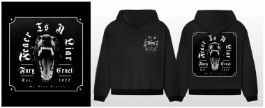 Şehir saldırgan köpeğinin sanat tasarımı, siyah kapüşonlu ve şablon. 'Korku yalancıdır' mesajı, siyah ve gri, köpek çizimi, gotik yazı tipi. Şehir baskısının özünü yakala