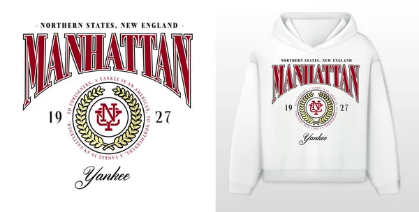 Logo sloganı grafikleri, sanat basımı üniversitesi, spor, kalkan ve defne ile retro üniversite. Manhattan şehri, New York, Yanki, Sağlık ve Spor Kulübü yaz SS23 tenis arması sporu 