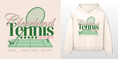 Logo sloganı grafiksel, spor, kalkan ve defne ile retro tenis kulübü üniversitesi. Şehir Cleveland Sağlık ve Spor Kulübü Yazın SS23 tenis arması 