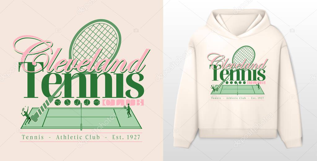 Logo slogan graphic, retro tennis club university with sport, shield and laurel. city cleveland, health and fitness club summer SS23 tennis crest sport
