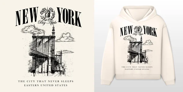 Logo sloganı grafiksel, şehir New York skeci ve yüz Özgürlük Heykeli ile defne. New York 'un Victoria tarzı tasarımı. birleşik devlet