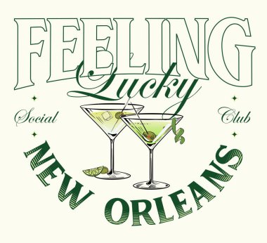 Logo grafiği, kokteylli retro, mesaj, kendini şanslı hissediyor. New Orleans şehri, sosyal kulüp SS23 tenis arması