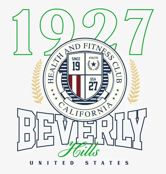 Logo sloganı grafikleri, spor, kalkan ve defne ile retro üniversite. Beverly Hills, Sağlık ve Spor Kulübü Yazı SS23 Tenis Arması Spor, Okul Tasarımı