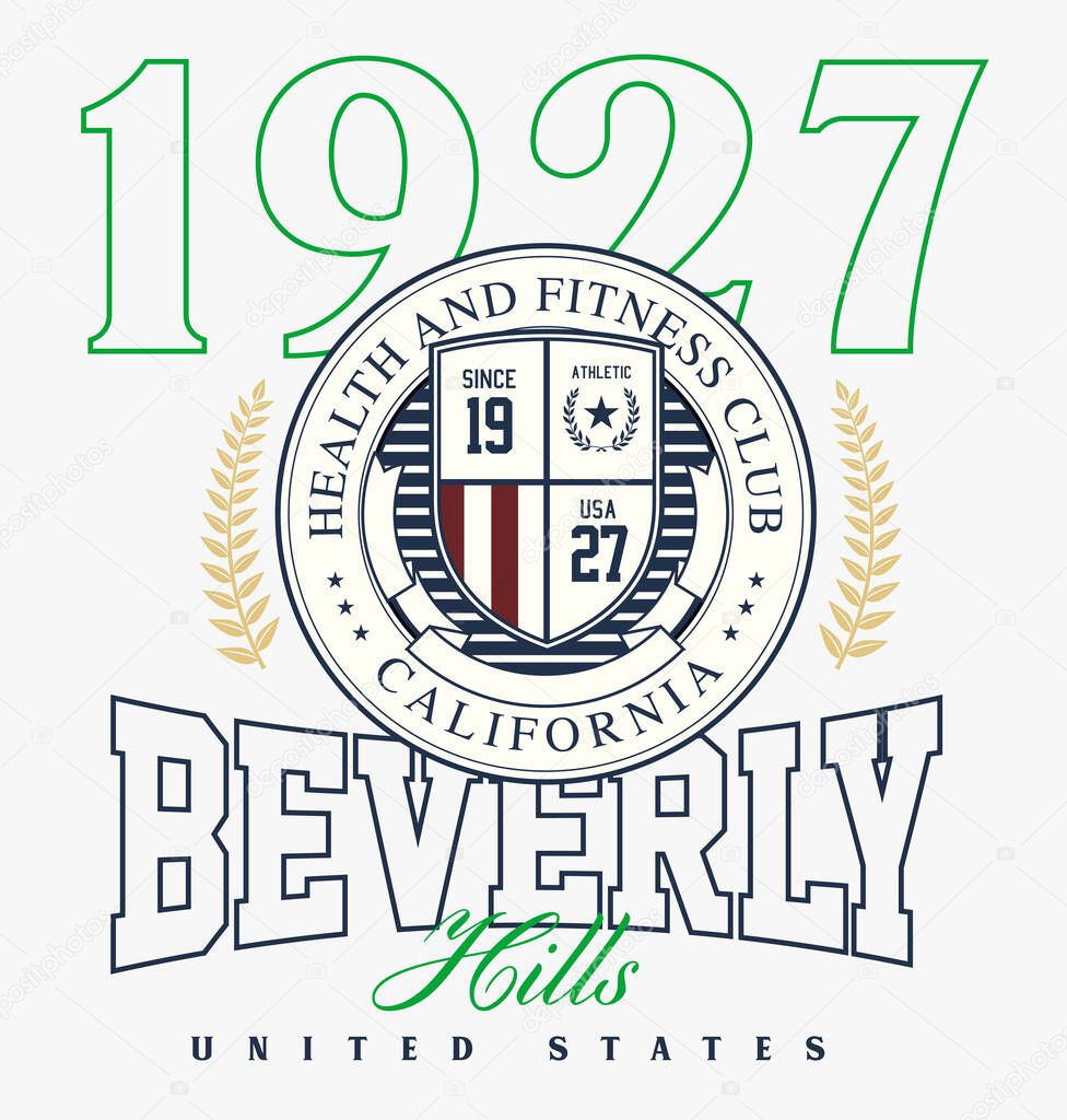 Logo slogan graphic, retro college university with sport, shield and laurel. city beverly hills, health and fitness club summer SS23 tennis crest sport, varsity design