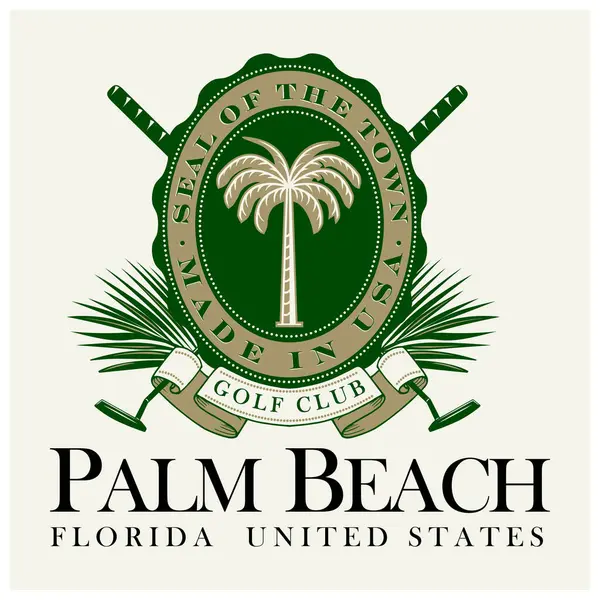 Logo sloganı grafiksel, golf sopası, avuç içi ve yapraklı retro golf. Florida şehri, Palm Beach Golf Kulübü yaz mevsimi SS23 golf arması. 