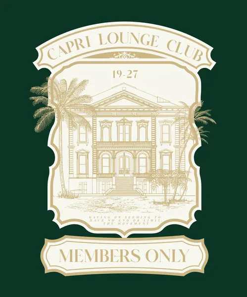 Logo sloganı grafikleri, palmiyeli dağ evi, Lounge Club primi. Şehir Karayipleri, Palm Country Kulübü Yazın SS24 tenis arması