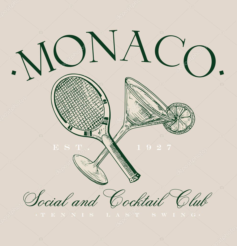 Logo slogan graphic, retro tennis with cocktail and laurel. city monaco france, Cocktail and Tennis Club summer SS25 tennis crest sport