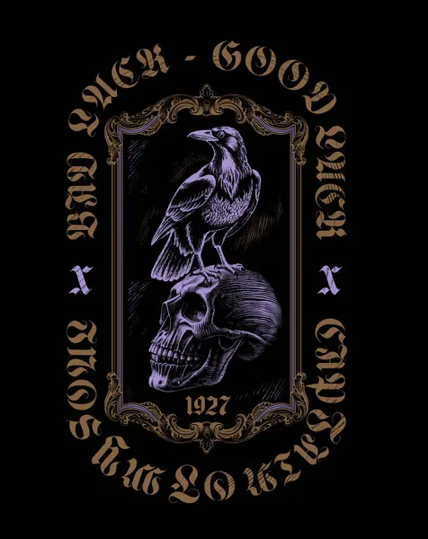 Kargalı şehir kafatası tasarımı, 'kötü şans - iyi şans' mesajı, cadılar bayramı tarzı, Viktorya illüstrasyonu, gotik yazı tipi. Şehir baskısının özünü yakala