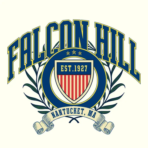 Logo sloganı grafikleri, spor, kalkan ve defne ile retro üniversite kulübü üniversitesi. Şehir Nantucket, Sağlık ve Spor Kulübü Yazı SS24 tenis arması