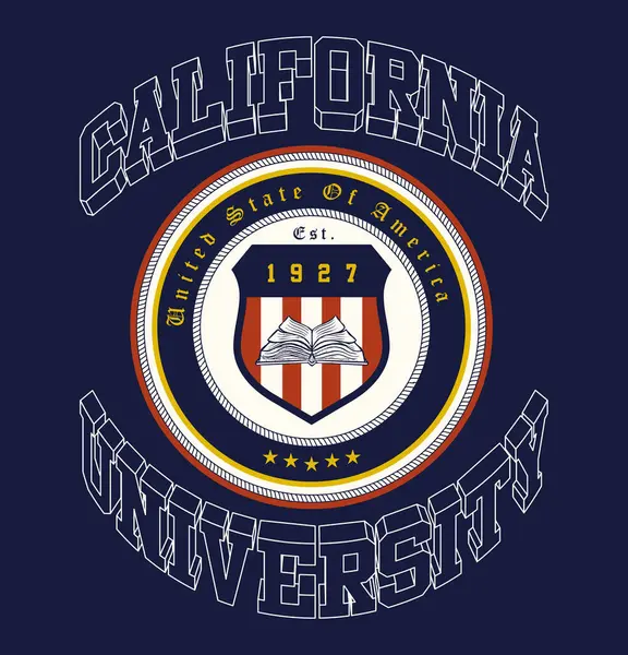 Logo grafiği, spor, kalkan ve bayrak ile retro üniversite. California Üniversitesi, Sağlık ve Spor Kulübü Yazı SS23 tenis arması 