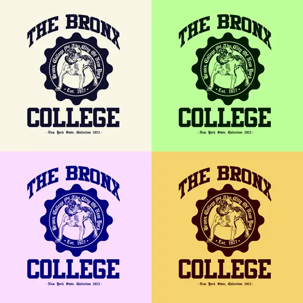 Paket logosu grafikleri, sanat basımı koleji, spor, kalkan ve köpekli retro üniversite. Bronx, New York, Yanki, Sağlık ve Spor Kulübü yaz SS23 tenis arması 