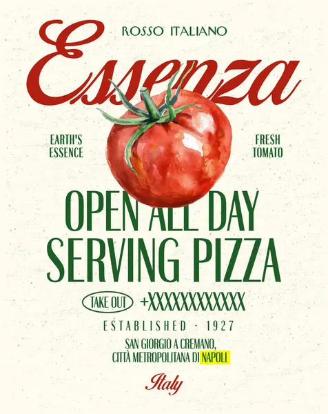 Logo sloganı grafikleri, domatesli retro poster pizzası, Napoli İtalya, şehir posteri, SS24 kulübü.