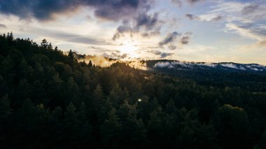 Akşamları gün batımının olduğu güzel bir dağ manzarası. Bieszczady Dağları, Polonya.