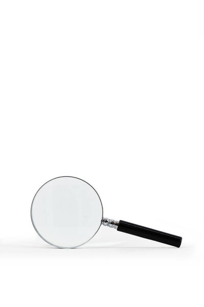 An image of a magnifying glass with a black handle and a silver rim around the magnifying glass, set against a pristine white backdrop.