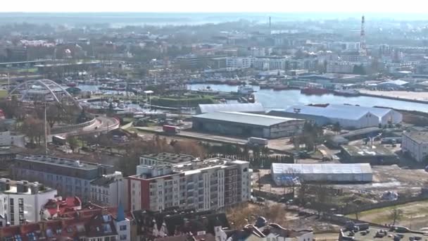 Drönare Bilder Över Kolobrzeg Hamn Solig Februari Dag Marina Dockade — Stockvideo