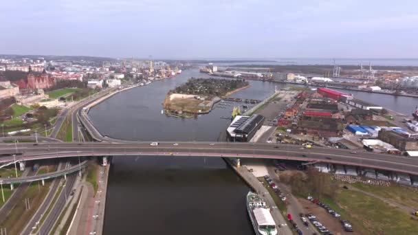 Aerial Drone Footage Oder River Szczecin March Day Capturing Szczecin — Stock Video
