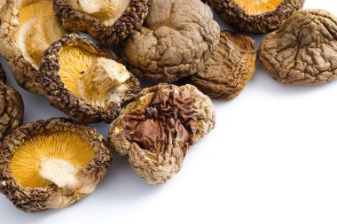 Bu resim özenle düzenlenmiş beyaz bir zemin üzerinde kurutulmuş shiitake mantarlarını, eşsiz dokularını ve doğal zarafetle harmanlanmış sade renkleri sergiliyor..