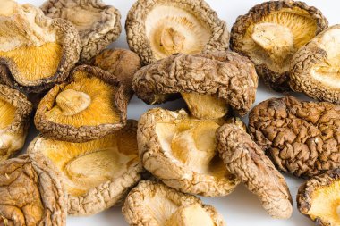 Kurutulmuş shiitake mantarları temiz beyaz bir zemin üzerine sergilenir. Karmaşık dokuları ve derin doğal renkleri onları mutfak ve doğa temalı görseller için mükemmel bir konu yapar..