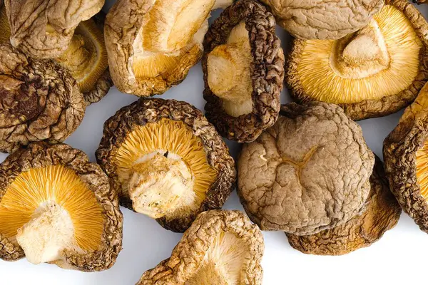 Beyaz arka planda düzgün bir şekilde düzenlenmiş, kurutulmuş shiitake mantarları karmaşık dokular ve derin organik renkler sergiliyor, kırsal mutfak mirası hissini çağrıştırıyor..