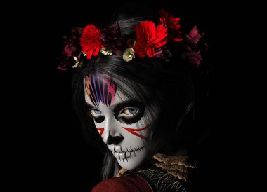 Geleneksel Dia de los Muertos şeker kafalı genç bir kadının portresi..
