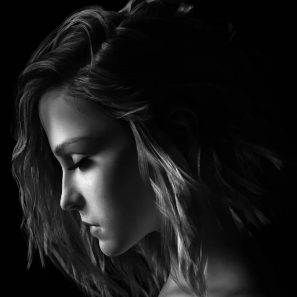 A black and white rendered portrait of a young woman in profile.
