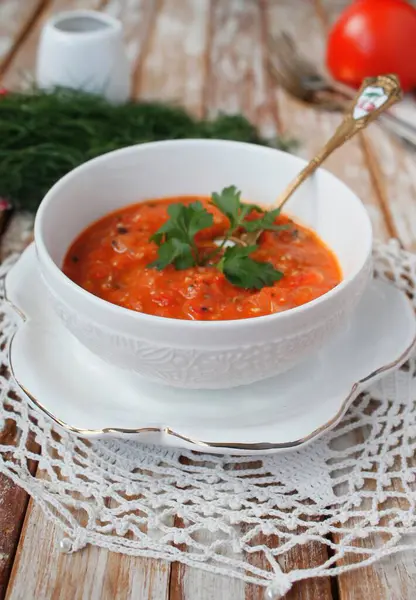 Heerlijke Gazpacho Plantaardige Kruidige Soep — Stockfoto