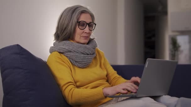 成熟的女士营销经理坐在沙发上 坐在笔记本电脑上打字 — 图库视频影像