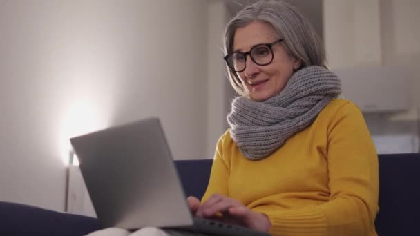 高级女作家戴着时髦的眼镜 在笔记本电脑上工作 为她未来的畅销书打上新的篇章 想着坐在舒适的沙发上的下一部分情节 — 图库视频影像