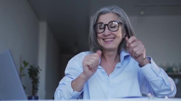 Very Happy Gray Haired Woman Dancing Music Actively Moving Favourite — Stock Video