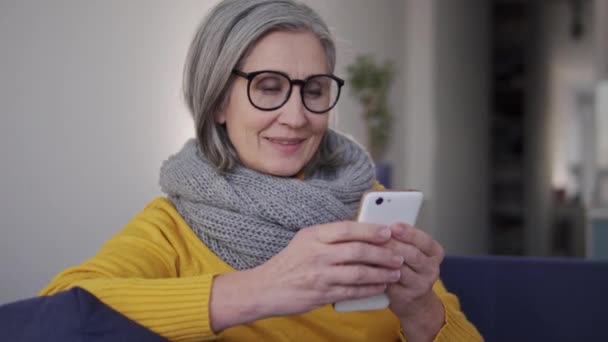 Leende Mogen Kvinna Tittar Videor Smartphone Sitter Mysig Soffa Prenumerera — Stockvideo