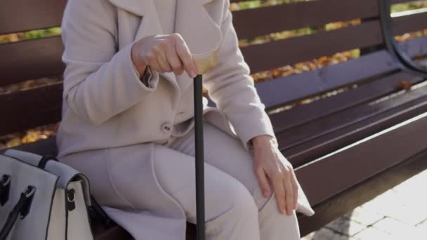 穿着雅致外套的老妇人坐在公园的长椅上 用手杖走路 揉搓膝盖酸痛 关节问题 关节痛 — 图库视频影像