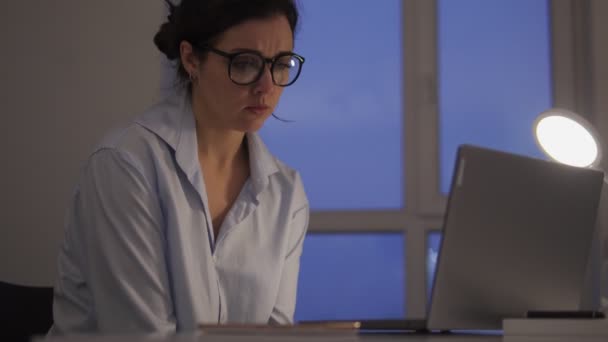 Upset Woman Going Type Resignation Letter Dissatisfied Work Conditions — Stock Video