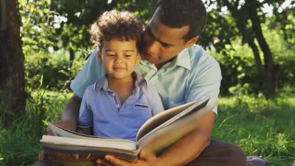 Biracial Ayah Dan Anak Duduk Dan Melihat Gambar Dalam Buku — Stok Video