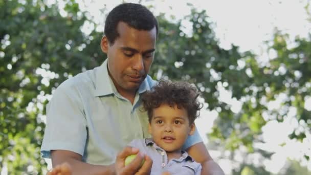 Cute Biracial Father Son Having Fun Tossing Apples Catching Tricks — Stock Video