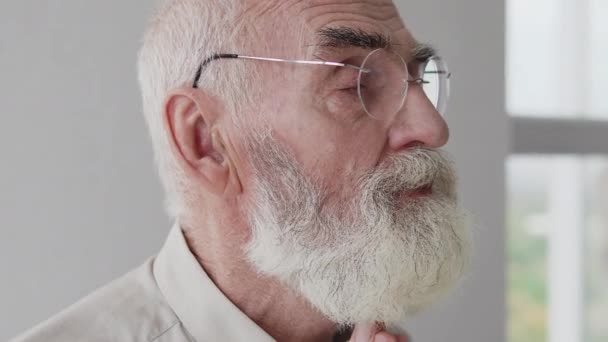 Hombre Anciano Con Pelo Gris Barba Doblando Las Manos Orando — Vídeos de Stock