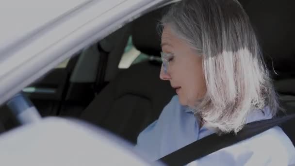 Gülümseyen Yetişkin Kadın Arabaya Biniyor Ehliyet Sınavına Hazırlanıyor — Stok video