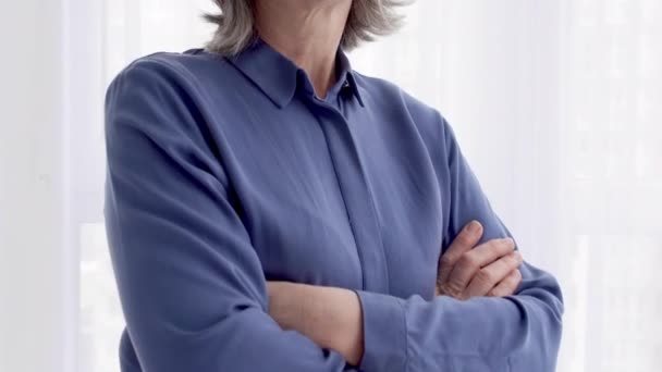 Estricta Mujer Madura Profesora Camisa Azul Gafas Pie Cerca Ventana — Vídeo de stock