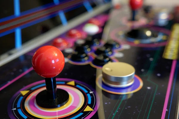 stock image Vintage Arcade Game Joystick and Buttons Up Close With Focus on Joystick and 80's Arcade Colors