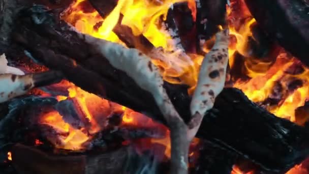 面包面团在木柴火上的慢速特写 重点从面包转移到琥珀上 — 图库视频影像