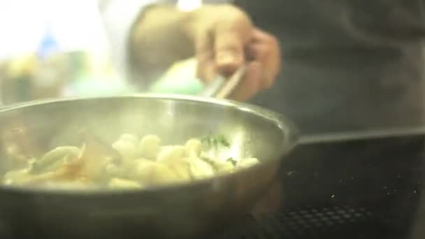 Slow Motion Closeup Mushrooms Pan Professional Kitchen — Stock Video