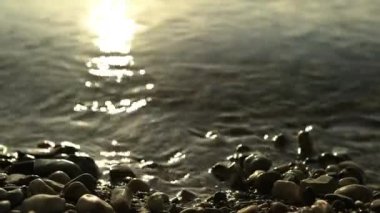 Ön planda çakıl taşları olan bir göl sahnesi, suyun üzerindeki güneşin yansıması odaklanmamış ve yumuşak altın bir ışık, çakıl taşları boyunca hareket eden bir kamera.