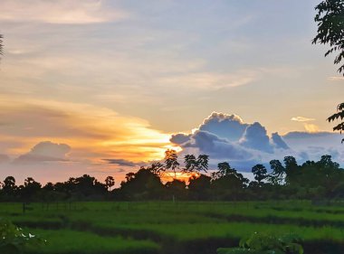 Güzel bulutlu gün batımı ve deniz manzarası. Gökyüzü öğleden sonra pembe ve altındır..