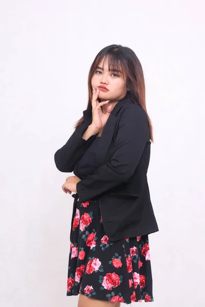 Hermosa Chica Indonesia Asiática Una Falda Oficina Profesional Casual Enojada — Foto de Stock