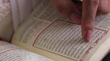 Bir parmak açık bir Kur 'an' ı işaret ediyor, Arapça yazılmış bir sayfadaki metni vurguluyor, bu kutsal kitabın yeşil arka planda ya da yeşil ekranda izole edilmiş okuma ve çalışmasını temsil ediyor..