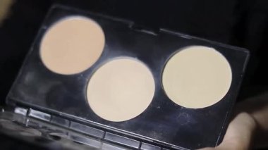 Makyaj tozu paleti ve yüz hatları. Yüz güzelliği ve ten rengi için yüksek kaliteli kozmetik ürünü.