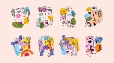 PrintSoyut yüz portresi erkek ve kadın figürleri geometrik, şekiller ve karalama el çizimi vektör çizimi. Duvar sanatı, dekorasyon, poster, kapak ve baskı için sanatsal tasarım.