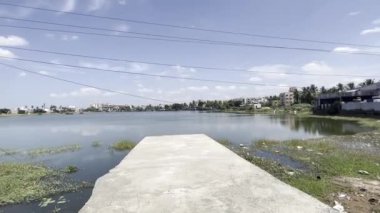 Gölde yüzen çimlerin olduğu küçük bir köprü.