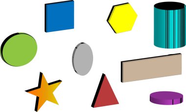 Küp, koni, silindir, küre ve daha fazlası dahil olmak üzere üç boyutlu temel geometrik formların görsel kümesi