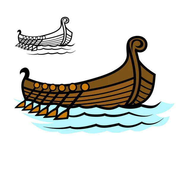 Vikingschip Zeilen Zee Zeeslag Houten Boot Vector Illustratie — Stockvector