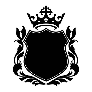 Kraliyet arması kalkanı, taç ve defne çelengi. Coat Arms Vintage Brand boş şablon vektör çizimi